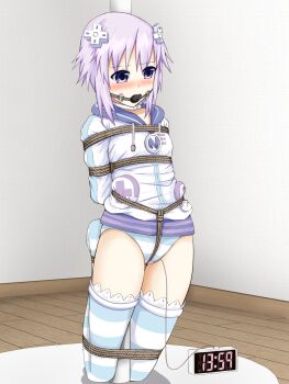 10s 1girl arms_behind_back ball_gag bdsm blush bondage bound breasts collar crotch_rope femuto gag highres jacket kneeling looking_away neptune_(neptunia) neptune_(series) no_pants panties pole purple_eyes purple_hair sex_toy shibari shibari_over_clothes short_hair small_breasts solo striped_clothes striped_panties striped_thighhighs thighhighs timer underwear vibrator vibrator_under_clothes vibrator_under_panties