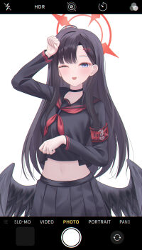 Rule 34 | 1girl, ;d, absurdres, arm up, armband, black choker, black hair, black sailor collar, black serafuku, black shirt, black skirt, blue archive, blue eyes, choker, crop top, dong hawn, fake phone screenshot, fake screenshot, feathered wings, hair ornament, hairclip, halo, highres, ichika (blue archive), long hair, long sleeves, looking at viewer, low wings, midriff, navel, neckerchief, one eye closed, open mouth, paw pose, pleated skirt, red neckerchief, sailor collar, school uniform, serafuku, shirt, skirt, smile, solo, stomach, white background, wings
