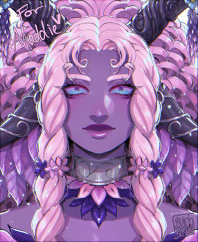 1girl absurdres blackberreh-art blue_eyes braid braided_sidelocks choker colored_skin commentary commission curly_hair english_commentary eyelashes flower hair_flower hair_ornament highres horns leaf lips looking_at_viewer original pink_eyes purple_skin smile straight-on