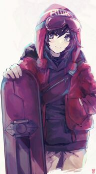 1girl absurdres backlighting bag beanie black_hair black_hoodie black_shirt brown_pants closed_mouth commentary_request copyright_name cowboy_shot cropped_legs eyebrows_hidden_by_hair goggles goggles_on_head grey_eyes hand_in_pocket hand_up handbag hat highres holding_snowboard hood hood_down hoodie jacket light_blush ootato pants pocket pom_pom_(clothes) red_hat red_jacket ruby_rose rwby shirt short_hair simple_background smile snowboard solo split_mouth standing strap text_print white_background winter_clothes zipper zipper_pull_tab