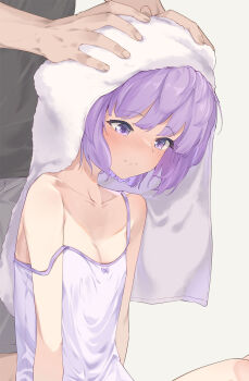 1boy 1girl a.i._voice bare_arms bare_shoulders black_shirt blush camisole closed_mouth collarbone commentary_request drying drying_another&#039;s_hair drying_hair grey_background grey_shorts highres kanzen_bouon purple_eyes purple_hair shirt short_hair shorts simple_background sitting solo_focus strap_slip towel towel_on_head voiceroid white_camisole yuzuki_yukari yuzuki_yukari_(shizuku)