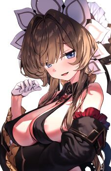 1girl absurdres areola_slip blue_eyes blush braid braided_bun breasts brown_hair commentary_request detached_sleeves genshin_impact gloves hair_bun hairband highres large_breasts lolita_hairband mixed-language_commentary open_mouth redcomet revision sandrone_(genshin_impact) smile solo white_background