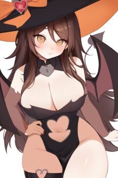 1girl bare_shoulders black_dress black_hat black_tail blush breasts brown_eyes brown_hair brown_nails brown_sleeves brown_wings closed_mouth collared_dress commentary demon_tail detached_sleeves dress english_commentary fingernails hand_on_own_hip hat heart heart-shaped_lock heart_collar heart_in_eye heart_o-ring highres huge_breasts indie_virtual_youtuber long_hair looking_at_viewer nail_polish navel o-ring o-ring_thigh_strap orange_hat simple_background sky_above_me sky_above_me_(vtuber) smile solo stomach symbol_in_eye tail thigh_strap thighs virtual_youtuber white_background wings witch_hat