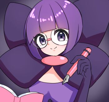 1girl absurdres blunt_bangs bob_cut book bow breasts commentary_request elbow_gloves fumiusui glasses gloves highres holding holding_book holding_pen large_bow low-cut medium_breasts neck_pillow nintendo pen pokemon pokemon_bw purple_eyes purple_hair rimless_eyewear round_eyewear shauntal_(pokemon) short_hair smile solo upper_body