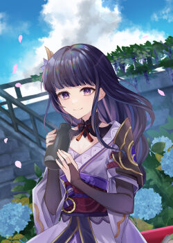 1girl absurdres armor blunt_bangs bottle braid breasts bridal_gauntlets cherry_blossoms cleavage closed_mouth clothing_cutout cloud cloudy_sky commentary day falling_petals flower genshin_impact grass hair_ornament highres holding holding_bottle japanese_clothes kimono light_smile long_braid medium_breasts mole mole_under_eye multicolored_hair neck_ribbon off_shoulder ougi_(u_to4410) outdoors petals pink_petals purple_eyes purple_kimono raiden_shogun red_ribbon red_sash ribbon sash shade shoulder_armor shoulder_cutout single_braid sitting sky solo streaked_hair