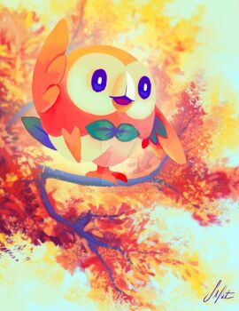 Rule 34 | animal focus, autumn leaves, bird, blue sky, branch, commentary request, day, deviantart logo, deviantart username, french commentary, full body, gen 7 pokemon, highres, in tree, leaf, nintendo, no humans, open mouth, outdoors, pokemon, pokemon (creature), pokemon focus, rowlet, shana patry, signature, sky, solo, standing, standing on one leg, third-party source, tree, watermark, web address
