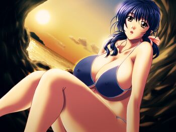 13cm 1girl aiba_nanako bare_arms bikini blue_bikini blue_hair bow breasts brown_eyes cleavage cloud collarbone covered_erect_nipples game_cg gradient_sky horizon huge_breasts ishihara_souka lips long_hair looking_at_viewer mature_female ocean open_mouth orange_sky outdoors pink_bow rock sitting sky solo sunset swimsuit thick_thighs thighs