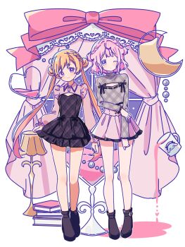 Rule 34 | 2girls, absurdres, black boots, black dress, blonde hair, blunt bangs, blush, book, book stack, boots, bow, braid, closed mouth, collared shirt, commentary request, crescent, curtains, double bun, dress, full body, grey shirt, hair bun, highres, lamp, long hair, long sleeves, looking at viewer, magia record: mahou shoujo madoka magica gaiden, mahou shoujo madoka magica, mitsuki felicia, multiple girls, one eye closed, outline, pink hair, pink shirt, pink skirt, plaid clothes, plaid shirt, purple eyes, red bow, ruru (rurumagi), shirt, short hair, skirt, smile, standing, twintails, white background, white outline, window, yura hotaru