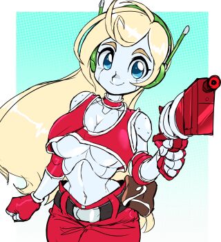 absurdres android blonde_hair blue_eyes breasts choker cleavage colored_skin crop_top curly_brace doukutsu_monogatari gun highres large_breasts pants red_pants robot teevo weapon white_skin