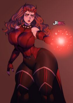1girl animification black_pants breasts brown_hair curvy elbow_gloves fingerless_gloves gloves helmet highres jay-marvel large_breasts lips long_hair magic marvel pants red_gloves scarlet_witch solo thick_thighs thighs tight_clothes tight_pants wanda_maximoff wandavision wide_hips witch