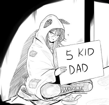 1girl absurdres animal_ears blush boots commentary commentary_request english_text full_body highres hood hoodie horse_ears horse_girl horse_tail monochrome open_mouth paper poverty sitting solo stay_gold_(umamusume) sweatdrop tail umamusume wuwusan