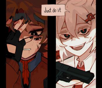 1boy 1other androgynous animal_print animification black_eyes black_gloves black_nails blue_headband bodysuit bright_pupils brown_hair coat colored_eyelashes colored_skin commentary_request cross-shaped_pupils cucurucho english_text extra_eyes fangs gloves gun hair_ornament hand_on_own_face headband highres holding holding_gun holding_weapon humanization jacket letter_hair_ornament minecraft_youtube open_clothes open_coat open_jacket open_mouth partially_fingerless_gloves pillarboxed quackity_smp red_bodysuit red_jacket red_pupils red_shirt roier_(youtuber) shirt short_hair spanish_commentary speech_bubble spider_print symbol-shaped_pupils waltter_sun weapon white_coat white_eyelashes white_hair white_pupils white_skin