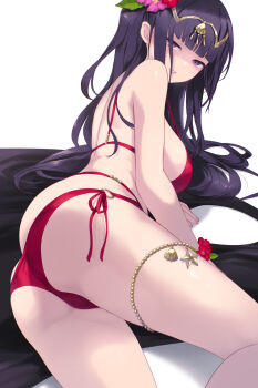1girl ass ass_focus bare_back bikini bikini_bottom_pull black_hair blunt_bangs breasts cait_aron cleavage commentary_request fire_emblem fire_emblem_awakening fire_emblem_heroes flower_wristband from_behind grin large_breasts long_hair looking_at_viewer looking_back nintendo official_alternate_costume purple_eyes red_bikini side-tie_bikini_bottom sideboob simple_background smile solo swimsuit tharja_(fire_emblem) tharja_(summer)_(fire_emblem) thighs tiara two_side_up white_background
