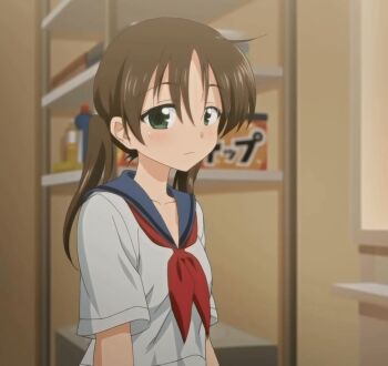 1girl anime_screenshot bathroom blush brown_hair green_eyes highres in_the_bathroom oyasumi_sex school_uniform serafuku short_hair solo standing stitched third-party_edit tsukioka_yui twintails