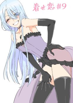 1girl bare_shoulders black_gem black_gloves black_lobelia black_thighhighs blue_eyes blue_hair copyright_name cosplay elbow_gloves episode_number gem gloves hand_on_own_hip hand_on_own_thigh highres kitagawa_marin leotard long_hair official_art see-through_clothes sono_bisque_doll_wa_koi_wo_suru tamura_satomi thighhighs translation_request
