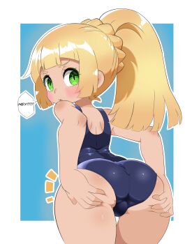 1girl absurdres ass ass_focus bad_tag blonde_hair blush danieroko_245 from_behind green_eyes highres lillie_(pokemon) loli long_hair looking_at_viewer looking_back nintendo one-piece_swimsuit pokemon pokemon_(game) pokemon_sun_&amp;_moon ponytail school_swimsuit solo standing swimsuit thighs
