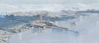 3d building chinese_commentary chise_huixing_denixi city commentary_request day defensive_wall frozen_ocean grand_scale highres no_humans original outdoors scenery tower winter