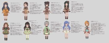 6+girls akagi_miria apron arms_at_sides asari_nanami bag blue_hair brown_hair character_chart chart closed_eyes closed_mouth commentary_request costume_chart dress food-themed_clothes frilled_dress frills gloves hair_between_eyes hair_ornament hair_ribbon hat highres idolmaster idolmaster_cinderella_girls idolmaster_cinderella_girls_u149 kusakabe_wakaba long_hair matoba_risa medium_hair monakocoa multiple_girls nanjo_hikaru narumiya_yume no_nose ohnuma_kurumi open_mouth parted_bangs ribbon sasaki_chie short_hair shorts shoulder_bag smile socks straight_hair translation_request twintails wavy_hair yuuki_haru