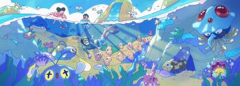 +_+ 1boy 2girls :d afloat alternate_color barefoot black_hair blue_male_swimwear blue_swim_trunks cave chinchou clamperl commentary coral corsola day free_diver_(pokemon) gen_1_pokemon gen_2_pokemon gen_3_pokemon glowing glowing_eyes grass highres innertube looking_down luvdisc male_swimwear multiple_girls nintendo open_mouth palm_tree partially_underwater_shot pelipper pokemon pokemon_oras relicanth shiny_pokemon sky smile soanjaconnac sparkle swim_ring swim_trunks swimsuit tentacruel tree tuber_(pokemon) wailmer water waterfall wingull