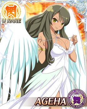 1girl ageha_(senran_kagura) angel angel_wings armlet border bracelet breasts brown_eyes brown_hair card_(medium) character_name cleavage closed_mouth dress feathered_wings game_cg halo jewelry large_breasts long_hair official_alternate_costume official_art senran_kagura senran_kagura_new_wave smile solo swept_bangs tongue tongue_out traditional_halo very_long_hair wavy_hair white_dress white_wings wings