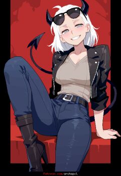 1girl alternate_costume archapxl artist_name black_boots black_border black_horns black_jacket black_tail blind boots border breasts brown_shirt casual commentary demon_girl demon_horns demon_tail denim english_commentary eyewear_on_head grey_eyes grin helltaker high_heel_boots high_heels highres horns jacket jeans justice_(helltaker) knee_up large_breasts leather leather_jacket looking_at_viewer medium_hair outside_border pants partially_bordered patreon_username pixel_art shirt sitting sleeves_rolled_up smile solo sunglasses tail v-neck white_hair
