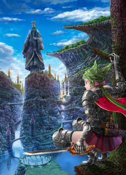 1girl arm_up armor blue_eyes blue_sky bow bridge cape closed_mouth cloud commentary_request day fantasy green_hair hair_bow highres holding holding_sword holding_weapon long_hair low_ponytail nagi_itsuki original outdoors pink_bow ponytail red_cape scenery sky smile solo squatting statue sword tree water waterfall weapon