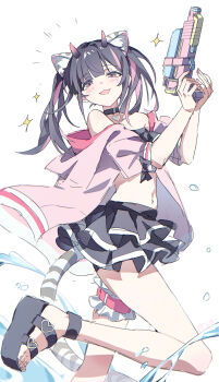 Rule 34 | 1boy, absurdres, animal ears, black choker, black hair, cho kaguya-hime!, choker, colored inner hair, commentary, crossdressing, crossdressing (mtf), from below, highres, holding, holding water gun, horns, komazawa noi, long hair, looking at viewer, m yiil77, male focus, multicolored hair, navel, navel piercing, piercing, pink hair, platform sandals, sandals, smile, solo, sparkle, swimsuit, untranslatable commentary, tail, thigh strap, twintails, water drop, water gun, white background