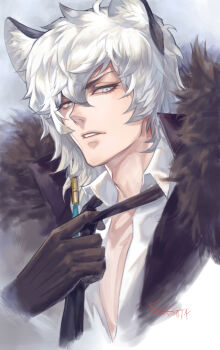 Rule 34 | 1boy, absurdres, adjusting clothes, adjusting necktie, animal ear fluff, animal ears, arknights, artist name, bishounen, black gloves, black necktie, blue eyes, coat, collared shirt, commentary request, fur-trimmed coat, fur collar, fur trim, gloves, grey eyes, hair between eyes, highres, jacket, looking at viewer, loose necktie, male focus, necktie, parted lips, shirt, short hair, signature, silverash (arknights), snow leopard boy, snow leopard ears, solo, spade-m, upper body, white hair, white shirt