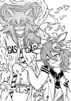 1boy 1girl agnes_tachyon_(tach-nology)_(umamusume) agnes_tachyon_(umamusume) ahoge animal_ears caesar_clown candy commentary crossover food gloves greyscale grin hair_between_eyes head_tilt highres holding holding_candy holding_food holding_test_tube hood hooded_coat horse_ears horse_girl konatade lab_coat long_sleeves medium_hair messy_hair monochrome necktie one_piece open_mouth pen shaded_face short_necktie sleeves_past_fingers sleeves_past_wrists smile smoke sweater test_tube traditional_media trait_connection umamusume