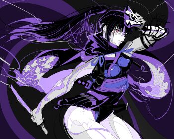 1girl highres holding holding_weapon kitsune_marks kodachi kunimitsu_ii namco ninja pink_eyes ponytail short_sword sword tekken tekken_8 weapon wolfmarker