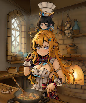 2girls apron black_hair blonde_hair breasts cleavage closed_mouth commentary company_connection cooking crossover escoffier_(genshin_impact) fireplace frown frying_pan garlic genshin_impact hand_up highres holding holding_another&#039;s_hair holding_frying_pan holding_own_hair indoors jane_doe_(zenless_zone_zero) long_hair miguel_angel mihoyo mini_person minigirl mouse_girl mouse_on_head multiple_girls parody ratatouille sitting sitting_on_head sitting_on_person size_difference smile spoon standing_on_another&#039;s_head twitter_username very_long_hair wooden_spoon zenless_zone_zero