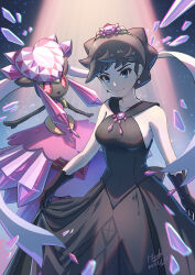 1girl black_dress black_gloves black_hair blue_eyes breasts collarbone diancie diantha_(pokemon) diantha_(sygna_suit)_(pokemon) dress earrings gem gen_6_pokemon gloves highres hooh_lin jewelry legendary_pokemon looking_at_viewer medium_breasts mega_diancie mega_pokemon mythical_pokemon nintendo official_alternate_costume pokemon pokemon_(creature) pokemon_masters_ex red_eyes signature skirt_hold smile