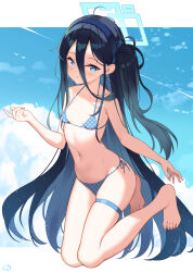 Rule 34 | 1girl, absurdly long hair, absurdres, aris (blue archive), bare arms, bare legs, bare shoulders, barefoot, bikini, black hair, black hairband, blue archive, blue bikini, blue eyes, blue halo, blush, breasts, collarbone, groin, hairband, halo, highres, long hair, looking at viewer, navel, one side up, parted lips, polka dot, polka dot bikini, pu ht, small breasts, solo, swimsuit, toes, very long hair