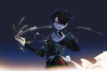 Rule 34 | 1boy, armlet, belt, black background, black nails, black pants, black shirt, bracelet, bright me up!! (ensemble stars!), chain, chinese commentary, commentary request, earrings, ensemble stars!, fingernails, gradient background, hair over one eye, half updo, hands up, highres, jewelry, layered sleeves, long sleeves, male focus, medium hair, multiple rings, necklace, official alternate costume, official alternate hairstyle, pants, parted lips, red eyes, ring, sakuma rei (ensemble stars!), see-through clothes, see-through shirt, shirt, short over long sleeves, short sleeves, single earring, sleeves past wrists, solo, sparkle, star (sky), turtleneck, upper body, yumoren