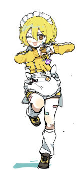 Rule 34 | 1girl, :3, absurdres, apron, bandaid, bandaid on leg, blonde hair, blush, don quixote (project moon), full body, heart, heart hands, highres, jacket, jersey maid, leg warmers, limbus company, maid, maid headdress, one eye closed, open mouth, pinch (nesume), project moon, shoes, smile, solo, standing, standing on one leg, unconventional maid, waist apron, white apron, white leg warmers, yellow eyes, yellow jacket, yellow shoes