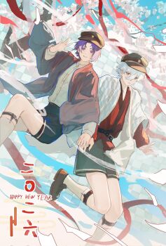 2boys belt black_belt blue_lock brown_hat commentary floating grey_eyes hand_grab hat highres machiminami23 mikage_reo multiple_boys nagi_seishirou purple_eyes purple_hair shirt short_shorts shorts simple_background socks white_hair white_shirt white_socks yaoi