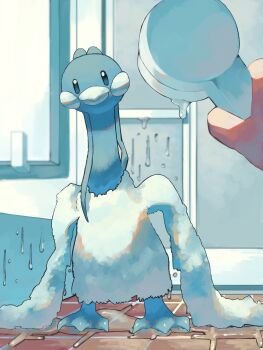 1other altaria animal_focus bathtub beak bird closed_mouth feathers gen_3_pokemon highres holding holding_shower_head indoors looking_at_viewer nintendo p9kfxaofqi54546 pokemon pokemon_(creature) pokemon_focus shower_head solo_focus water wet white_feathers