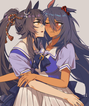 Rule 34 | 2girls, animal ears, bandage on nose, bandages, black hair, blue bow, blue bowtie, blush, bow, bowtie, breasts, bright pupils, closed mouth, commentary request, cowboy shot, dark-skinned female, dark skin, double-parted bangs, fang, from side, grey background, grey hair, hair between eyes, highres, hishi amazon (umamusume), horse ears, horse girl, hug, hwipa (param blue), korean commentary, large breasts, long bangs, long hair, looking at another, multicolored shirt, multiple girls, narita brian (umamusume), open mouth, pleated skirt, ponytail, red eyes, sailor collar, school uniform, scrunchie, serafuku, short sleeves, sideways mouth, simple background, skin fang, skirt, striped clothes, striped scrunchie, sweat, umamusume, very long hair, white pupils, white sailor collar, white skirt, yellow eyes, yuri