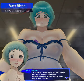 aqua_hair backlighting bare_shoulders bed blush bob_cut breasts character_name condom condom_wrapper condom_wrapper_in_clothes covered_erect_nipples covered_navel cowgirl_position dialogue_box eddarxart english_text facing_viewer from_below furrowed_brow gameplay_mechanics girl_on_top green_hair grey_eyes heavy_breathing highres hospital hospital_bed imminent_kiss imminent_penetration large_breasts lingerie looking_at_viewer looking_down night offering parted_lips persona persona_3 persona_3_reload portrait pov presenting reaching reaching_towards_viewer ribbon see-through_clothes short_hair shy speech_bubble straddling strap_slip sweat talking translated underwear very_short_hair white_lingere worried yamagishi_fuuka