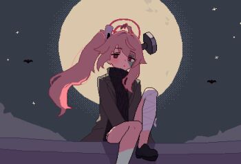 1girl absurdres ahoge bandaged_leg bandages black_shirt black_shoes blue_archive brown_jacket closed_mouth foot_out_of_frame frankenstein's_monster_costume full_moon halo highres jacket knee_up long_hair long_sleeves looking_at_viewer moon natsu_(blue_archive) natsu_(halloween)_(blue_archive) night object_through_head official_alternate_costume open_clothes open_jacket outdoors pink_hair pink_halo pixel_art red_eyes screw_in_head shirt shoes side_ponytail sitting slmnk10124 solo