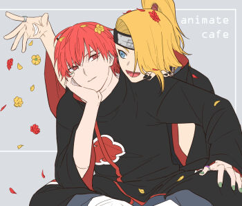 2boys akatsuki_uniform black_nails blonde_hair blue_eyes border deidara_(naruto) english_text extra_mouth eyeliner flower forehead_protector green_nails grey_background grin happy hayamin35 high_ponytail implied_yaoi long_hair makeup multiple_boys naruto_(series) naruto_shippuuden open_mouth ponytail red_flower red_petals sasori_(naruto) simple_background sitting smile throwing throwing_petals yellow_flower yellow_petals