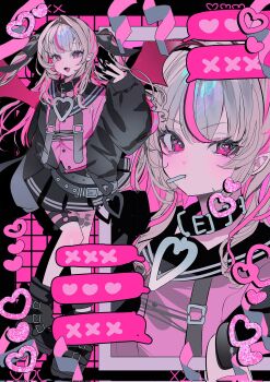 1girl :3 ankle_belt belt belt_collar black_collar black_jacket black_nails black_ribbon black_sailor_collar black_shoes black_skirt black_socks blunt_bangs blush chest_harness collar colored_inner_hair demon_wings drill_hair fang food_in_mouth full_body grey_belt grey_hair hair_intakes hair_over_shoulder hair_ribbon harness hashtag-only_commentary heart heart_collar highres inward_v jacket leg_tattoo long_hair looking_at_viewer loose_belt loose_socks makaino_ririmu miniskirt momae_mac mouth_hold multicolored_hair multiple_thigh_straps multiple_views nail_polish nijisanji o-ring o-ring_thigh_strap off_shoulder official_alternate_costume open_clothes open_jacket open_mouth photo_(object) pink_background pink_hair pink_shirt pink_streaks pleated_skirt pointy_ears red_eyes red_wings ribbon sailor_collar school_uniform serafuku shirt shoes sidelocks skirt sleeves_past_wrists smile socks speech_bubble standing standing_on_one_leg streaked_hair tattoo thigh_strap two-tone_hair two_side_up v virtual_youtuber wings zipper_pull_tab