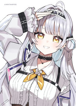 1girl absurdres ahoge arata_ryou arm_up artist_name black_choker black_hairband black_streaks braid center_frills choker collared_shirt commentary_request dutch_angle ear_piercing earrings frilled_hairband frilled_sleeves frills ginjo_saine grey_hair hair_bun hair_intakes hairband heart_pendant highres jacket jewelry long_hair long_sleeves looking_at_viewer multicolored_hair neckerchief off_shoulder open_clothes open_jacket parted_lips piercing ribbed_shirt salute shirt simple_background single_braid sleeves_past_wrists smile solo streaked_hair upper_body virtual_youtuber vspo! white_background white_jacket white_shirt yellow_eyes yellow_neckerchief