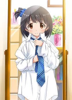 1girl 920-k alternate_costume black_hair blue_necktie borrowed_clothes cowboy_shot dress_shirt highres idolmaster idolmaster_million_live! nakatani_iku naked_shirt necktie oversized_clothes oversized_shirt shirt white_shirt