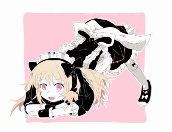 1girl bad_id bad_pixiv_id black_dress black_shoes blonde_hair chaos_marie_(grimms_notes) dress grimms_notes jack-o&#039;_challenge maid open_mouth pink_eyes shoes smile solo tomoegatadouki