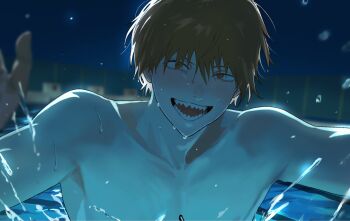 1boy blonde_hair chainsaw_man denji_(chainsaw_man) geboku0406 highres looking_at_viewer male_focus night open_mouth outdoors partially_submerged pool sharp_teeth short_hair solo splashing teeth wet wet_hair yellow_eyes