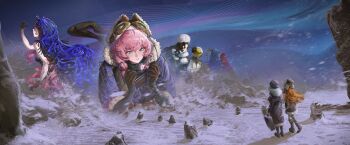 6+girls absurdres arcana_(reverse:1999) aurora black_hair blizzard blue_eyes blue_hair braid briefcase checkered_clothes checkered_scarf coat feather_boa fur-trimmed_coat fur_trim giant giantess goggles goggles_on_head hat highres humanoid_robot lying moldir_(reverse:1999) multiple_girls nautika_(reverse:1999) on_stomach orange_hair outdoors pandemoon parted_lips pink_hair red_hair reverse:1999 robot rock scarf side_braid sky snow sonetto_(reverse:1999) sonetto_(winter)_(reverse:1999) sophia_(reverse:1999) spanish_commentary ulrich_(reverse:1999) vertin_(reverse:1999) vertin_(winter)_(reverse:1999) wind