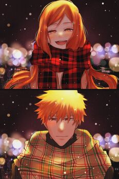 1boy 1girl bleach blush checkered_clothes checkered_scarf city_lights closed_mouth couple enpera hair_between_eyes hair_ornament hairclip hetero highres inoue_orihime kurosaki_ichigo long_hair looking_at_viewer night open_mouth orange_eyes orange_hair outdoors pov red_scarf scarf sela_(chanppu) short_hair smile snowing spiked_hair straight-on teeth upper_body upper_teeth_only