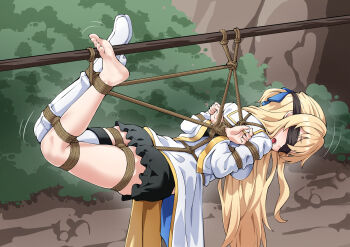 1girl absurdres ass asymmetrical_legwear bdsm between_buttocks blindfold blonde_hair bondage bound breasts carrying helpless highres priestess_(goblin_slayer!) shibari solo suspension tribal_carry