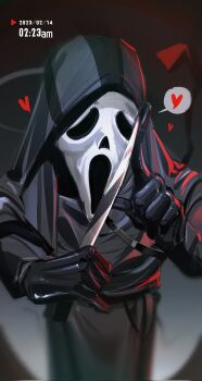 arms_up black_gloves black_robe commentary dated ghostface gloves heart highres holding holding_knife holding_weapon hood hood_up index_finger_raised knife leaning_forward long_sleeves mask robe scream_(movie) speech_bubble spoken_heart spookcatdurrow weapon